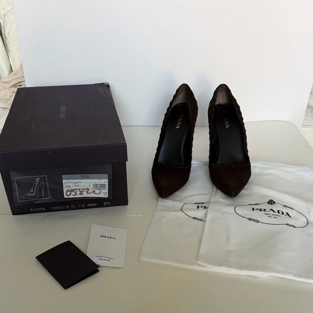 Prada Camoscio Plisse Women's Dark Brown Suede Heels - Picture 2 of 15
